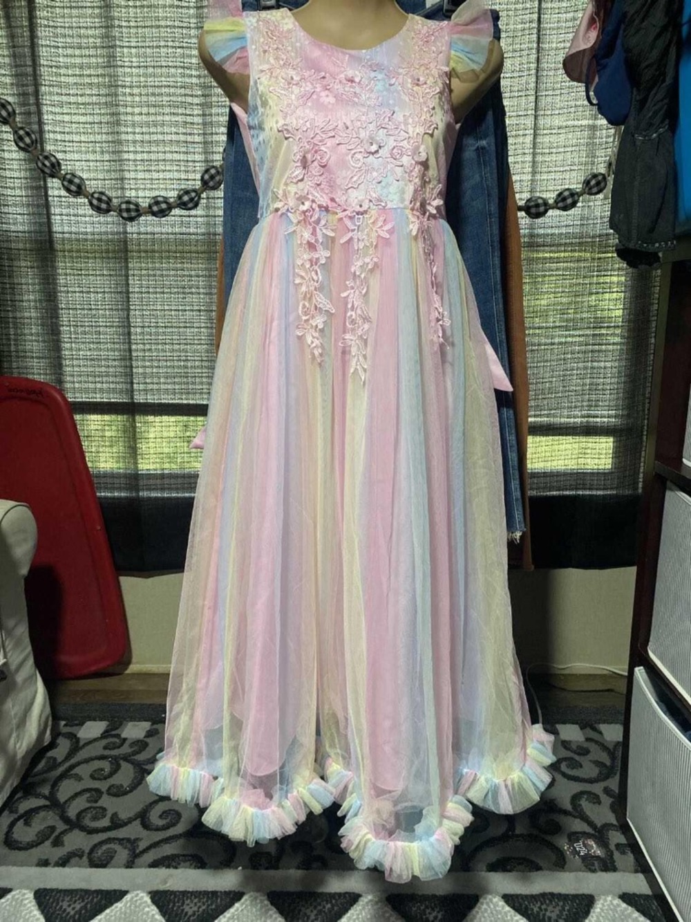 Girls Pastel Rainbow Tulle Dress with Floral Appliqué